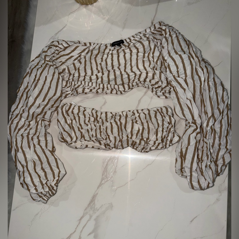 Dynamite 2 piece White and Tan Striped crop with jacket